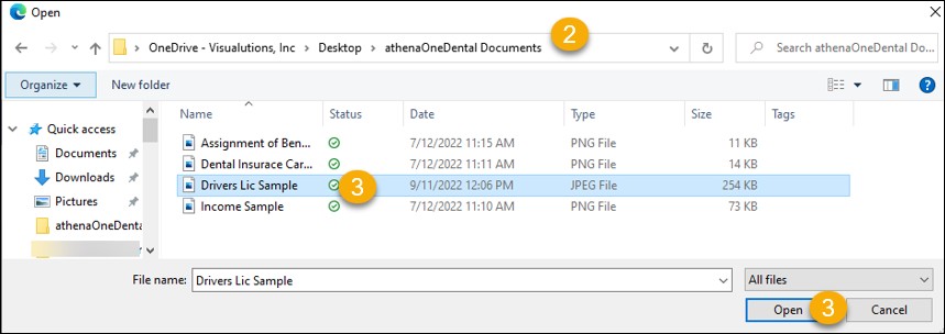 File location window with yellow numbers corresponding to the number steps to open a file.